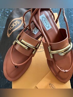 Tod's Cognac Leather Sandals with Gold Hardware